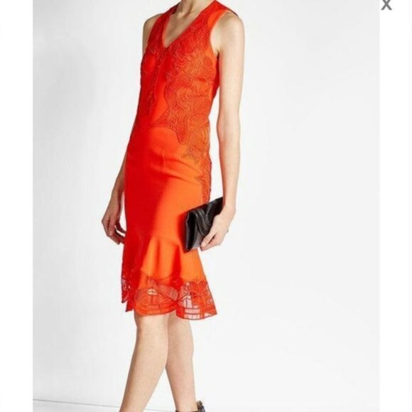 Jonathan Simkhai Red V-neck Sleeveless Lace Appliqué Crepe Cocktail Dress 4 - Picture 14 of 15